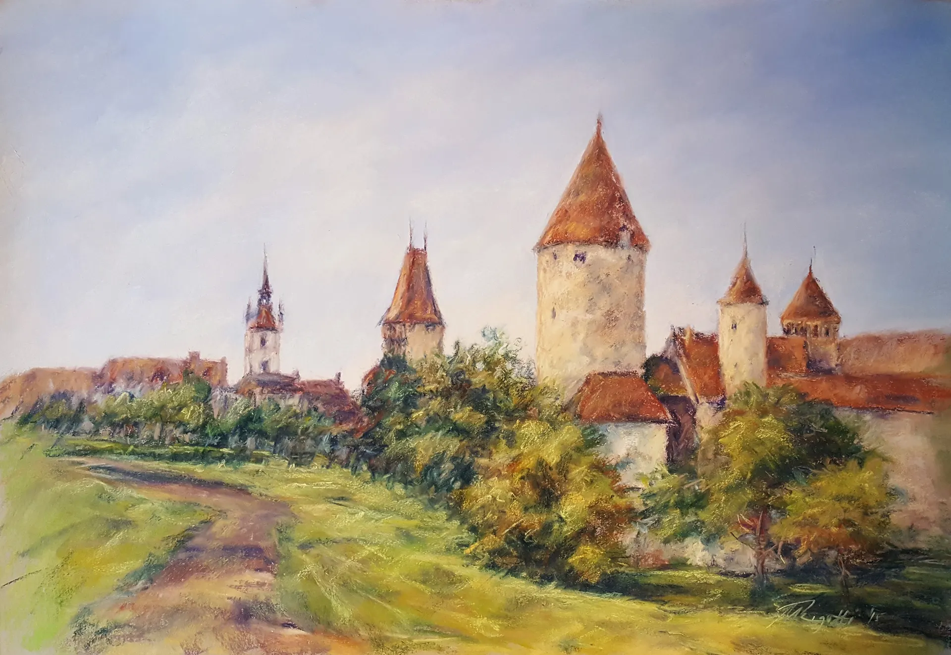 Pastel de Maria Rigotti : le château de Chenaux vu du chemin du Pré, sous un ciel clair