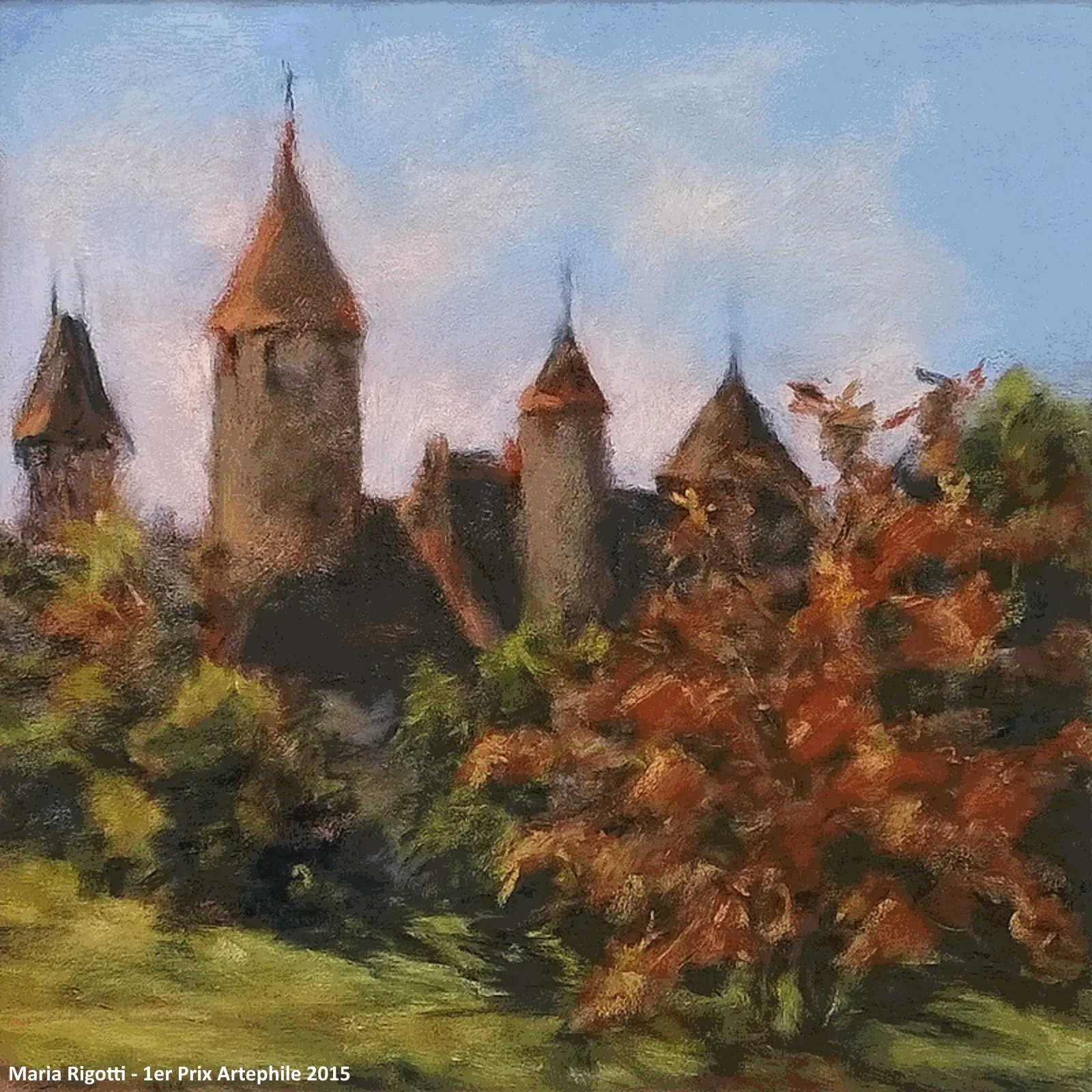 Pastel de Maria Rigotti : les tours du château derrière des arbres aux couleurs d’automne
